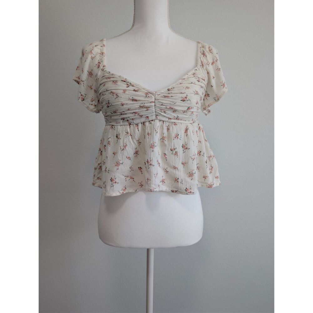 Hollister Cream Floral Ruched Babydoll Top XS Boho